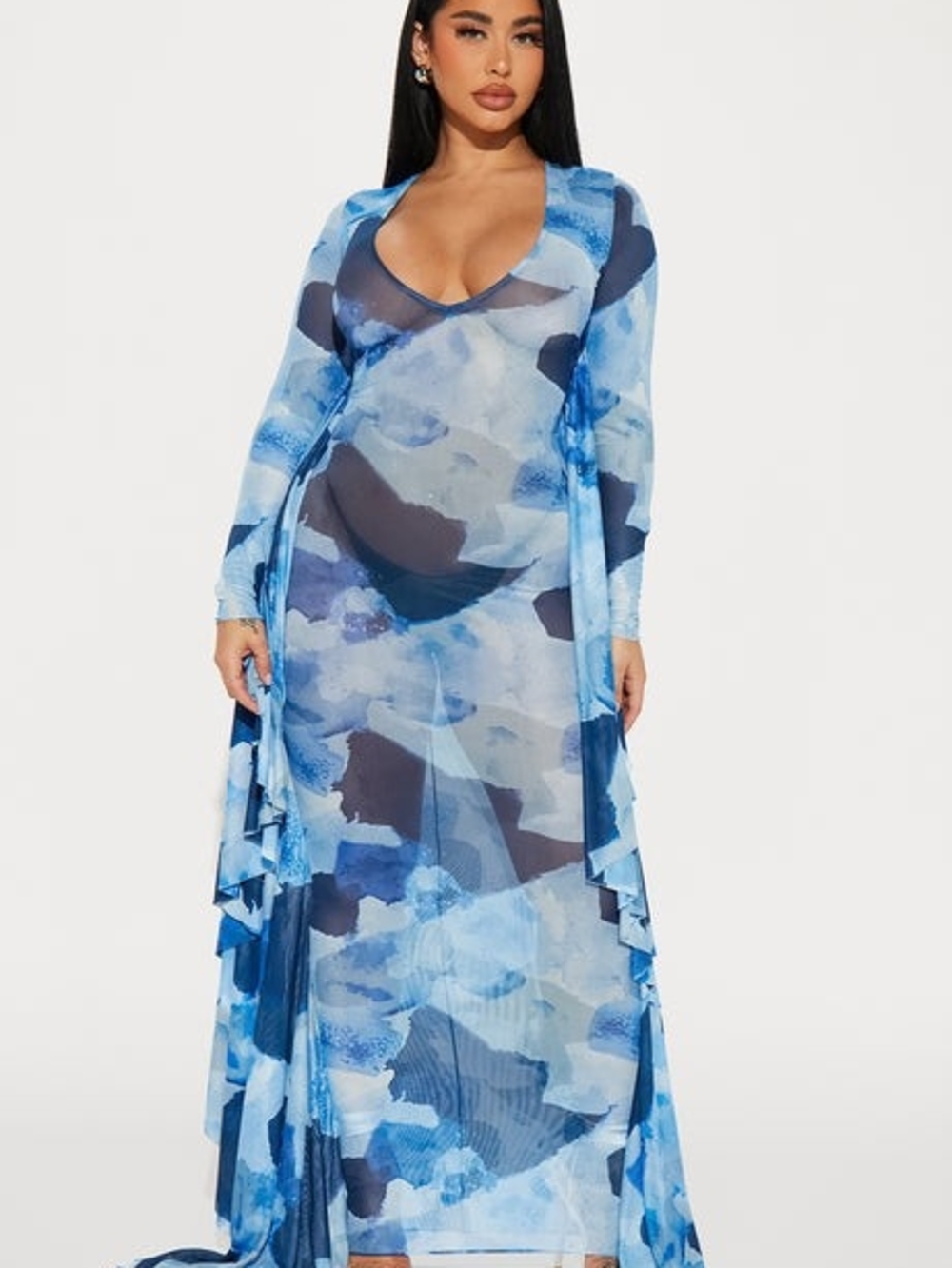 Fashion Nova Blue Watercolor Long Sleeve Swim Cover-Up Maxi
